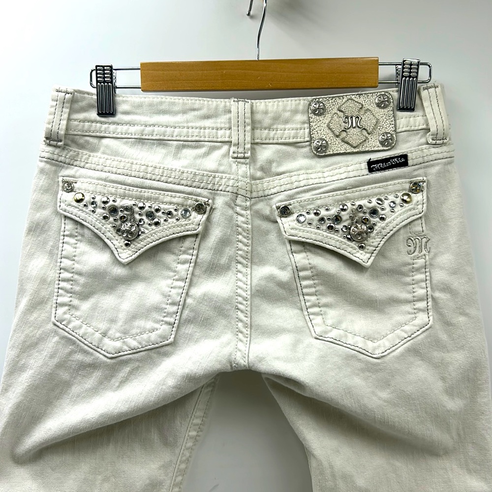 MISS ME JEANS BOOT WOMEN SIZE 29 RHINESTONE POCKET OFF-WHITE DENIM JEANS